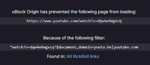 Screenshot of uBlock filter blocking a site visit